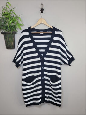 Cabi #5289 Whistle Black White Stripe Short Sleeve Knit Cardigan Sweater XS